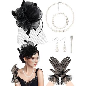 5 Pack Fascinators Hat for Women Funeral Veil Hat Tea Party Veil Mesh Headband Feather Derby Hat Lace Gloves Pearl Jewelry Set for 1920s Party