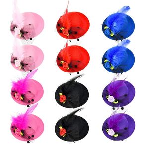 12 Pieces Mini Hat Clips Tea Party Hats for Girls Fascinator Hair Clips with Ribbon Flowers Faux Feather Mesh Bow Barrette Hairpin for Girls Toddler Costume Accessory