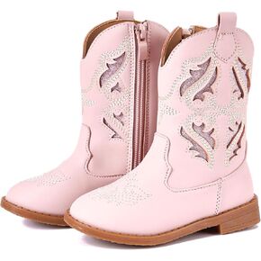 Newsonet Toddler Girls Cowboy Cowgirl Boots Round Toe Boots Western Boots Mid Calf Side Side Riding Shoes لجميع الفصول