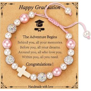 2025 Graduation Gifts for Her Girls Women Boys, Cross Pearl Beads Charm Bracelet Middle High College Kindergarten Preschool School Gifts