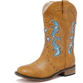 Kids Cowgirl Boots for Girls Western Square Toe Girls Sparkle Boots Zipper Mid Calf Low Heel Horse Riding for Toddler Little Big Kids