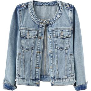 Kedera Women's Denim Jacket Button Down Collarless Long Sleeve Washed Cute Jean Jackets