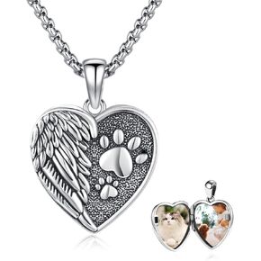 MEDWISE Wing Locket Necklace 925 Sterling Silver Paw Prints Necklace That Holds Pictures Guardian Angel Pendant Photo Memorial Jewelry for Women Men Son Lover Birthday Gift