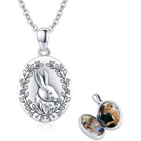Ohayoo Locket Neckleace Rabbit Locket 925 Sterling Silver Vintage Bunny Images الذي يحمل صورًا هدية مجوهرات مخصصة للنساء الجدول الزمني للزوجة الأم (A-Locket)