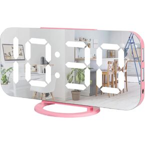 Pink Digital Alarm Clock for Girls, Large LED Mirror Display,2 USB Charging Ports,Auto Adjustable Brightness,Aesthetic Modern Clocks for Bedroom Office, Pink