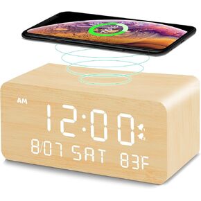 Andoolex Wooden Digital Alarm Clock with Wireless Charging, 0-100% Adjustable Brightness Dimmer and Volume, Weekday/Weekend Mode, Dual Alarm, Snooze, 12/24H, Wood LED Clock for Bedroom (White)