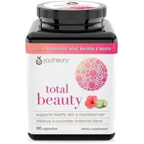 youtheory total beauty ، الكركديه والخيار المزيج النباتي. 90 كبسولات