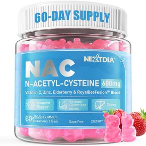 NAC Gummies for Kids and Come ، ملحق N-acetyl cysteine ​​قابل للمضغ 1000 ملغ ث/فيتامين C ، الزنك ، Elderberry لمضادات الأكسدة والدعم المناعي ، صحة الرئة والكبد ، خالية من السكر ، 120 CT