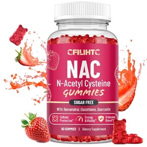 NAC Gummies 600mg ، N acetyl cysteine ​​مكملات مع الجلوتاثيون ، ريسفيراترول ، المغنيسيوم ، CoQ10 ، NAC مضغ للمضادات الأكسدة والدعم المناعي ، نكهة الفراولة 60 Gummies