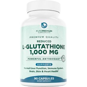 PurePremium Reduced Glutathione 1000mg Per Serving - 500mg Per Capsule – L-Glutathione Supplement & Antioxidant Support for Normal Liver, Brain, Skin & Heart Health – 90 Capsules