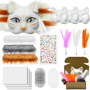طقم قناع Therian with Fur & Eye Mesh & Fuzzy Fabric & Feather & Pearl Sticker ، قناع Cate Cat للطلاء.