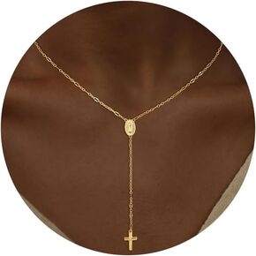 CHESKY Long Necklaces for Women, 14k Gold Plated/Streling Silver Lariat Necklace Dainty Statement Prom Necklace Rosary Cross Sun Drop Pendant Dangle Necklace Gold Prom Jewelry for Women Gifts