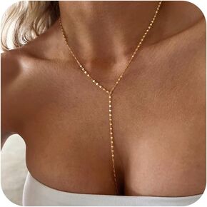 Foxgirl Long Gold Necklace for Women- Dainty 14k Gold Plated Drop Lariat Necklace Layered Simple CZ Y-Shaped Body Chain Stack Wedding Necklace Trendy