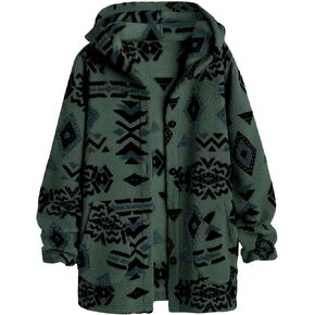 SELINK Womens Aztec Print Fleece Hoodie Jacket Button Down Shacket Casual Sherpa Coats Warm Outwear with Pockets