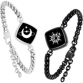 PULOMI Long Distance Touch Bracelets,Vibration & Light up Couples Bracelets, Remote Smart Matching Bracelet for Couples Long Distance Relationship Girlfriend Boyfriend Xmas Gifts Black Silver