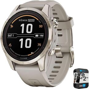 Garmin Fenix ​​7S Pro Solar ، الياقوت ، الفولاذ الذهبي الناعم ، حزمة رمال خفيفة مع حزمة حماية محسنة لمدة عامين