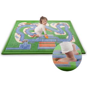Race Track Playmat Rug ، 1.3 "Toddler Safety Elasti-Foam Playmat 59" × 79 "المرح والتعليم حصيرة أرضية كبيرة للزاحف إلى مسار سباق السيارات.