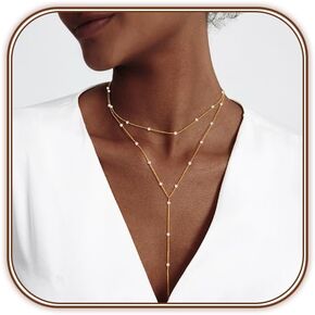 Zeffy Lariat Gold Necklace for Women Dainty Long Pearl Necklace 14k Gold/Silver Plated Layered Pearl/Beaded/CZ Y-Shaped Drop Wedding Stack Necklace Trendy Simple Gold Jewelry Set Gifts