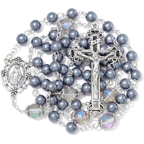 KOMI 6 MM Pearl Rosary Beads With Crucifix, Catholic Necklace for Women With Velvet Bag or Rosary Box