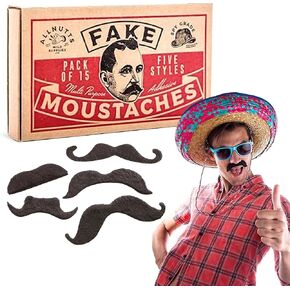 Fake Moustaches - 15 Black Stick On Moustache Fancy Dress Set for Mexican, 70s Biker mustash Costume