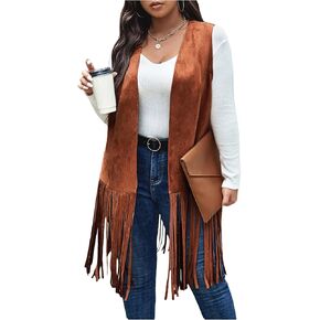 WDIRARA Women's Plus Size Fringe Hem Faux Suede Open Front Cardigan Vest Coat