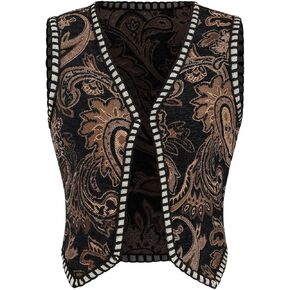 Verdusa Women's Western Boho Open Front v Neck Disteless Jacquard Tops Cow Girl Boho Vest Jacket