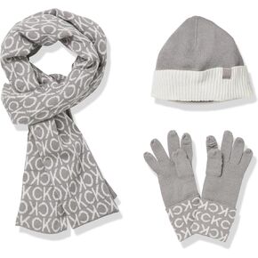 Calvin Klein Womens CK intarsia شعار الطقس البارد مجموعة لينة (القفاز ، وشاح ، قبعة)