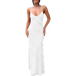HOCILLE Women's Sexy V Neck Bodycon Spaghetti Strap Elegant Ruffle Maxi Cocktail Party Dresses