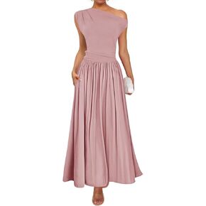 ZESICA Women's Summer 2025 Sleeveless Maxi Dress One Shoulder Casual Slim Swing Pleated Formal Dresses with Pockets