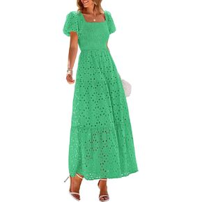 PRETTYGARDEN Summer Dresses for Women 2025 Eyelet Square Neck Puff Sleeve Smocked Wedding Guest Maxi Dress with Pockets