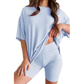 Womens 2 Piece Lounge Set 2025 Summer Travel Outfit Casual Short Sleeve Oversized Tshirts & Biker Shorts