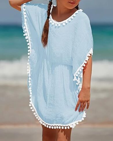 Eurivicy Girl's Swim Cover Up Kids Summer Swimwear Beach Dress Swimsuit Wraps with Pom Pom Trim in Saudi Arabia