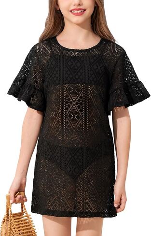 BesserBay Girls Ruffle Sleeve Round Neck Sheer Beach Dress Hollow Out Vacation Chiffon Bikini Swimsuit Cover Up in Saudi Arabia
