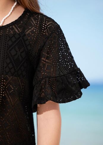 BesserBay Girls Ruffle Sleeve Round Neck Sheer Beach Dress Hollow Out Vacation Chiffon Bikini Swimsuit Cover Up in Saudi Arabia