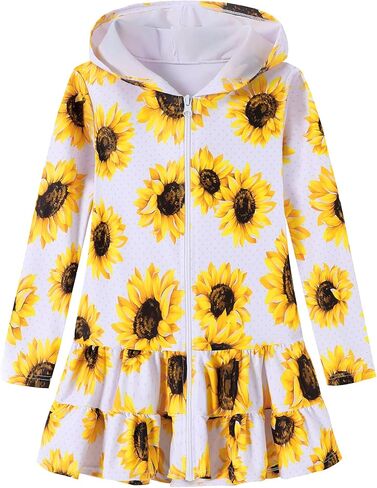 Girls Swim Cover Up Dress Long Sleeve Hooded Zip Up Bathing Suit Cute Ruffle Coverup Kids Pool Beach Robe 4-10Y in Kuwait