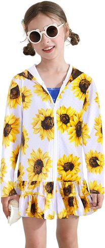 Girls Swim Cover Up Dress Long Sleeve Hooded Zip Up Bathing Suit Cute Ruffle Coverup Kids Pool Beach Robe 4-10Y in Kuwait