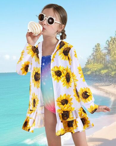 Girls Swim Cover Up Dress Long Sleeve Hooded Zip Up Bathing Suit Cute Ruffle Coverup Kids Pool Beach Robe 4-10Y in Kuwait