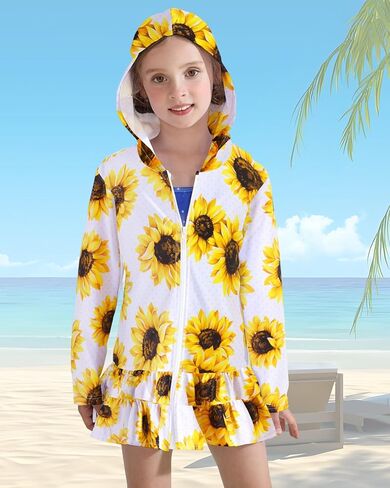 Girls Swim Cover Up Dress Long Sleeve Hooded Zip Up Bathing Suit Cute Ruffle Coverup Kids Pool Beach Robe 4-10Y in Kuwait