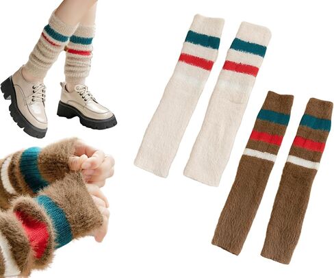 CHUNFO Womens Warm Leg Warmers Cute Calf Wool Cotton Striped Oversleeve Soft Knitted Leggings Casual Athlete Pilates in Saudi Arabia