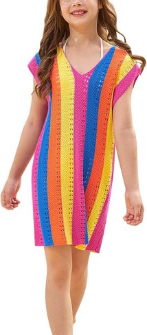 CHILDRENSTAR Girls Knit Swimsuit Cover ups Summer Beach Bathing Suit Coverups Colorblock V Neck Cami Dresses for Kids in Kuwait