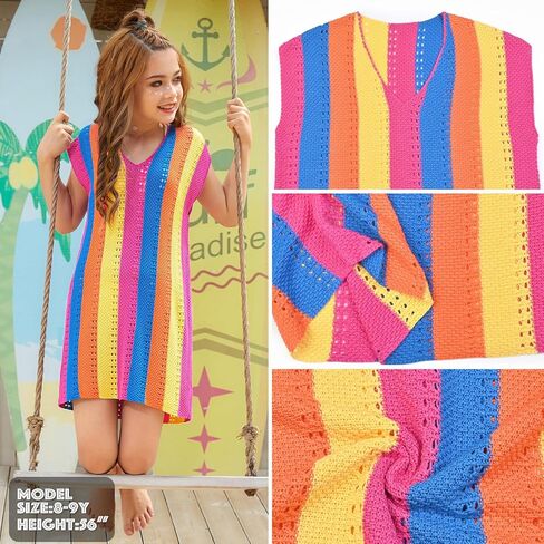 CHILDRENSTAR Girls Knit Swimsuit Cover ups Summer Beach Bathing Suit Coverups Colorblock V Neck Cami Dresses for Kids in Kuwait