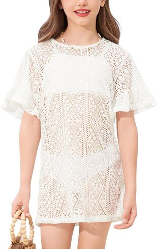BesserBay Girls Ruffle Sleeve Round Neck Sheer Beach Dress Hollow Out Vacation Chiffon Bikini Swimsuit Cover Up in Saudi Arabia