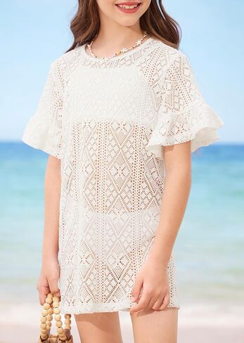 BesserBay Girls Ruffle Sleeve Round Neck Sheer Beach Dress Hollow Out Vacation Chiffon Bikini Swimsuit Cover Up in Saudi Arabia