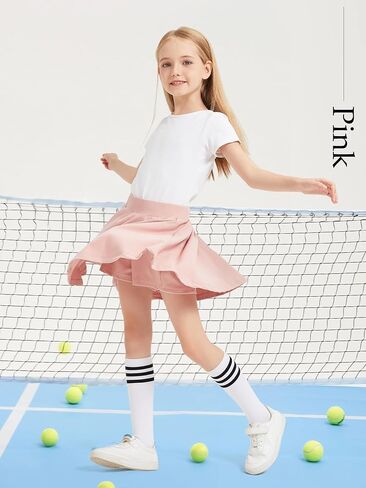 Girls Tennis Skirt with Pockets Kids Teen Sports Skirt with Lining Shorts High Elastic Waist A Line Stretchy Skirt in Saudi Arabia