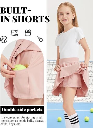 Girls Tennis Skirt with Pockets Kids Teen Sports Skirt with Lining Shorts High Elastic Waist A Line Stretchy Skirt in Saudi Arabia