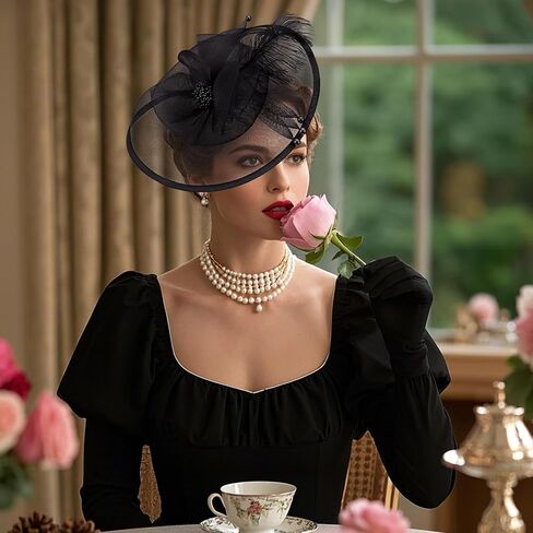 Feather Tea Party Fascinator - 2025 Derby Hat مع Hairpin ، قبعات الخمسينيات من القرن العشرين للنساء ، 11.81 "x9.84" in Kuwait