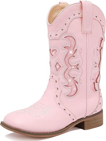 Kids Cowgirl Boots for Girls Western Square Toe Girls Sparkle Boots Zipper Mid Calf Low Heel Horse Riding for Toddler Little Big Kids in Saudi Arabia