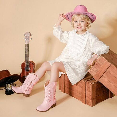 Kids Cowgirl Boots for Girls Western Square Toe Girls Sparkle Boots Zipper Mid Calf Low Heel Horse Riding for Toddler Little Big Kids in Saudi Arabia
