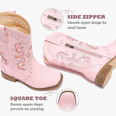 Kids Cowgirl Boots for Girls Western Square Toe Girls Sparkle Boots Zipper Mid Calf Low Heel Horse Riding for Toddler Little Big Kids in Saudi Arabia