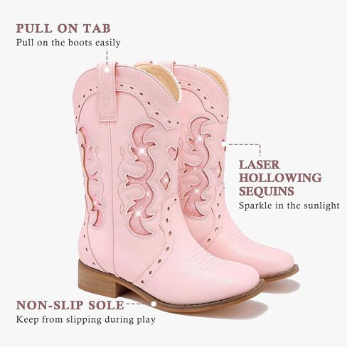 Kids Cowgirl Boots for Girls Western Square Toe Girls Sparkle Boots Zipper Mid Calf Low Heel Horse Riding for Toddler Little Big Kids in Saudi Arabia